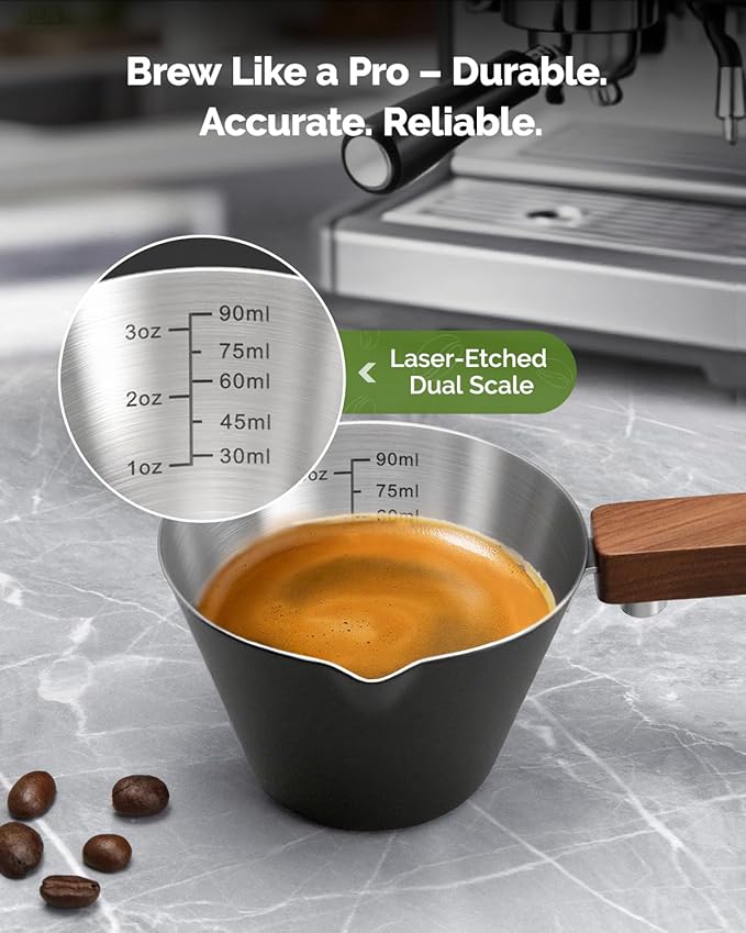 Maestri House Espresso Measuring Cup, Stainless Steel Espresso Shot Cup, Wide Mouth & V-shaped Pour Spout Coffee Mug with Handle Scale for Latte, Dirty, Americano, Cappuccino, Macchiato (Black)