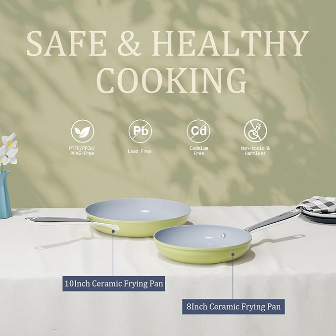 Nonstick Ceramic Frying Pan 8" for All Stovetops, PTFE/PFOA/PFAS Free, Even Heat Distribution Oven Safe up to 500ยฐF, Healthy Non Toxic Skillet w/ Ergonomic Stainless Steel Handle, Olive Green