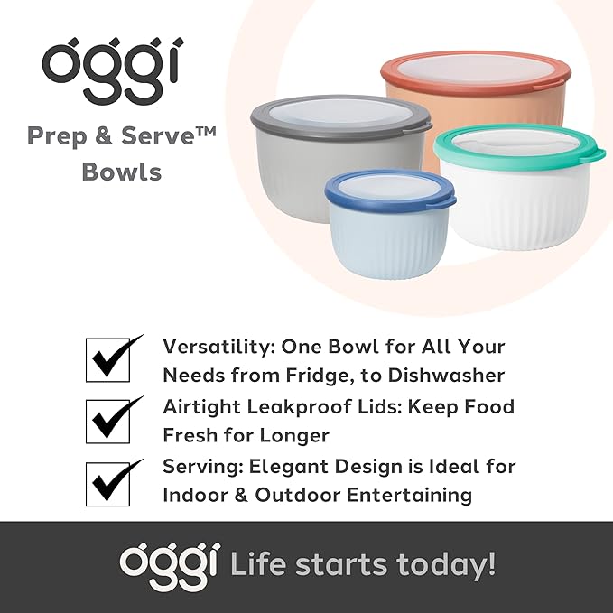 Oggi Prep, Store & Serve Plastic Bowl w/See-Thru Lid- Dishwasher, Microwave & Freezer Safe, (1.4 qt) Lt Gray w/Dk Gray Lid