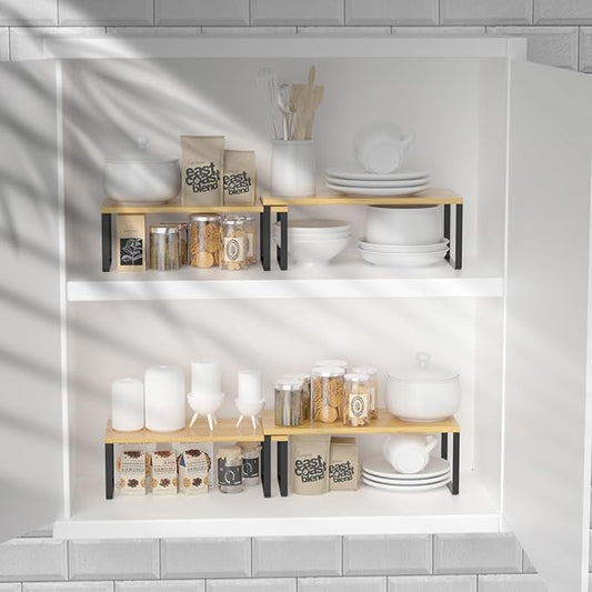 NEX Kitchen Cabinet and Counter Shelf Organizer, Stackable & Expandable, Set of 4, Black and Natural - 7.7 x 15.6 x 6.2''