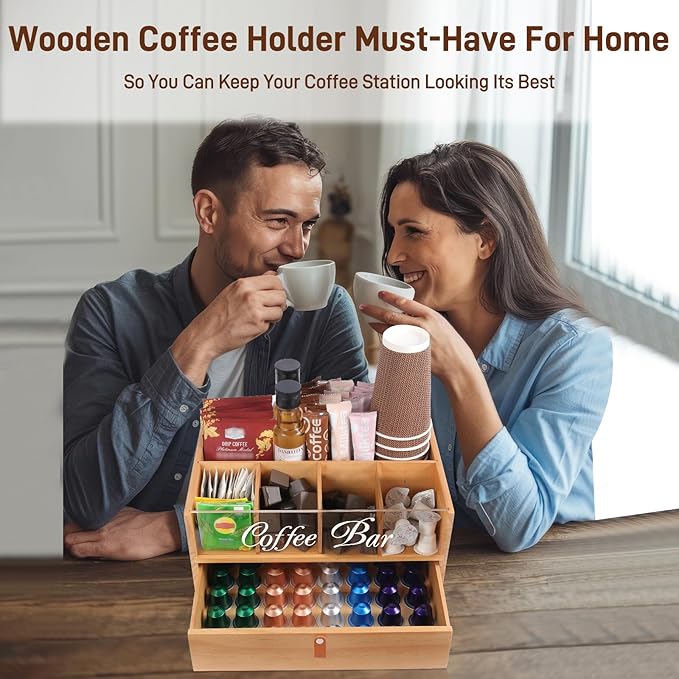 2-Tier Coffee Bar Organizer with Clear Acrylic Top, Built-in Drawer and Leather Handle Pull for Countertop, Stylish Coffee Station Storage Box for Accessories, Pods, Great Gifts for Home