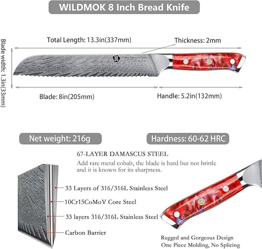 WILDMOK Serrated Bread Knife, 8 inch Damascus Steel, Japanese VG10 Core, Best Bread & Cake Knife, Resin Handle Gift Box