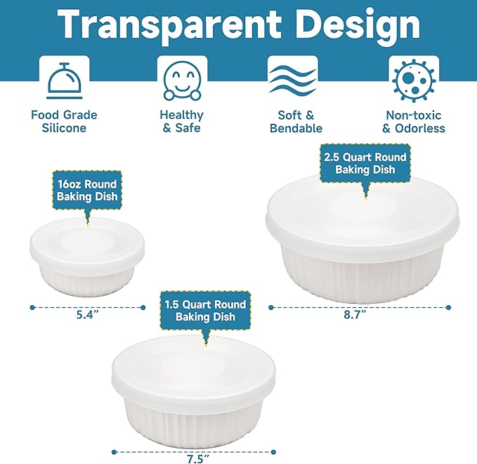 Silicone Lids for CorningWare 16-Ounce & 1.5 Quart & 2.5 Quart Round Dish, 3 Pack Reusable Covers for CorningWare Baking Dish (Dish not Included) Dishwasher & Microwave & Freezer Safe
