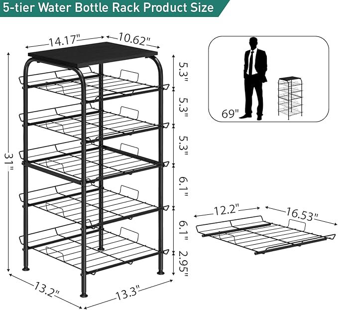 Vrisa 5 Tier Water Bottle Storage Rack Vertical Freestanding Bottled Water Organizer Large Capacity Beverage Drink Soda Can Holder Stand for Kitchen Pantry Home Party Food Storage, Black