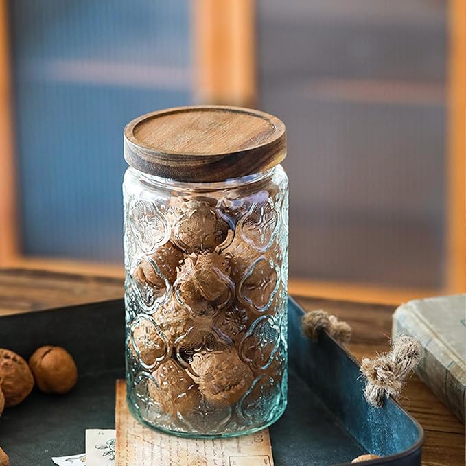 34 OZ/2 PCS Glass Storage Jar with Airtight Bamboo Wooden Lids, Vintage Food Containers Canisters Sets for Kitchen Counter Pantry, Sugar, Flour, Candy, Tea, Coffee Beans, Oats, Grain Bin, Pasta,