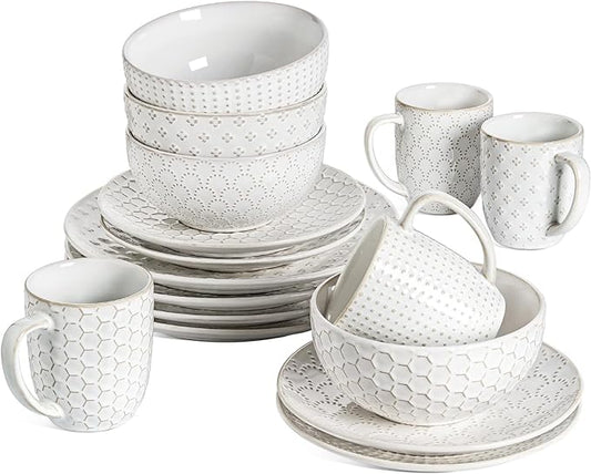 LE TAUCI 16 Piece Dinnerware Set, Arctic White, Stoneware Plates and Bowls With Mugs, Ideal for 4, Serve for 4, Stackable, Lead and Cadmium Free