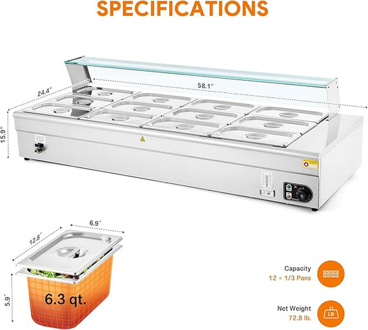 WILPREP Commercial Food Warmer with Twelve 1/3 Pans, Electric Warmer for Food with Sneeze Guards Adjustable Temp. & Auto Shutoff, Stainless Steel Food Heating Unit for Buffet Food Truck Hotel Catering