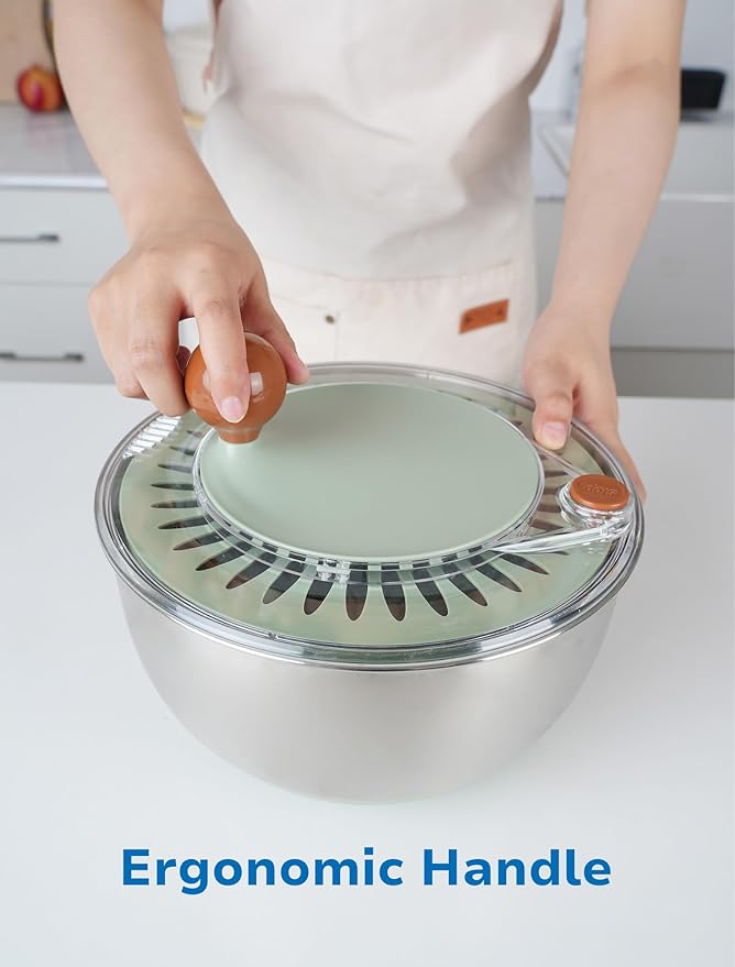 Stainless Steel Salad Spinner, Lettuce Spinner with Drain, Non-Slip Base, Stop Button, Vegetable Dryer, BPA Free, 5.3 Qt