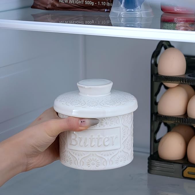 Ceramic Butter Crock with Lid, French Butter Dish with Water Line for Countertop, Butter Keeper for Spreadable Butter, Container Holder for Kitchen and Home Decor, 6.7 OZ, Vintage White