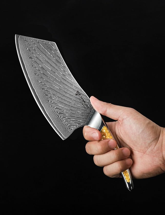 7 inch Nakiri Knife, Japanese VG-10 Damascus Steel Meat Cleaver, Ultra Sharp Vegetable Knife with Full-tang Handle in Yellow Resin, LA-S9 Series