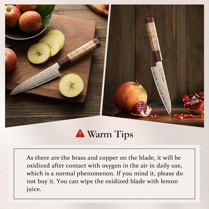 HEZHEN Kitchen Utility Knife, 5.5 Inches, 37 Layers Tricolor Copper Damascus Steel, Vegetable Fruit Knife, for Chefs and Home Cooking Using, Razor Sharp,Sycamore Wood Handle