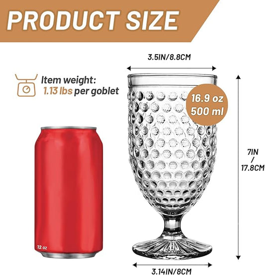 Hobnail Glass Goblets 16.9 Oz, Stemmed Water Glasses, Iced Tea Goblets, Vintage Drinking Glasses for Beverages, Set of 4 (Clear)