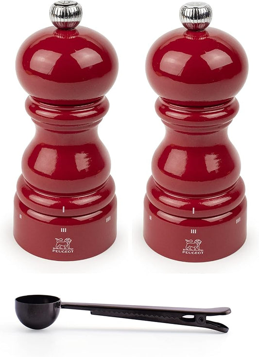 Peugeot Paris u'Select 6 Setting Manual Salt & Pepper Mill Set With Black Stainless Steel Spice Scoop Made In France (Passion Red, 5- Inch)