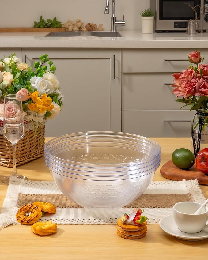 BESTVIP 4 Pack 150 Ounce Clear Plastic Serving Bowls, Disposable 11.6" Party Bowls for Chips/Salad/Candy/Snacks, Stackable Buffet Containers for Christmas, Holiday, Weddings, Showers/Events, Reusable