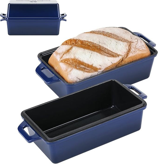2 in 1 Enameled Cast Iron Bread Pan with Lid, Perfect Bread Oven, Loaf Pans for Baking Homemade Sourdough Bread 9x5, 2 Piece set, Navy Blue