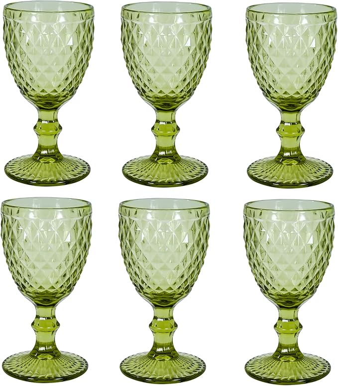 Vintage Wine Glasses Set of 6, 8 OZ Colored Glass Water Goblets, Embossed Floral Decorative Crystal Glass Cups Set, Dishwasher Safe, for Wedding, Party, Red Wine Glass, Bars, Restaurants