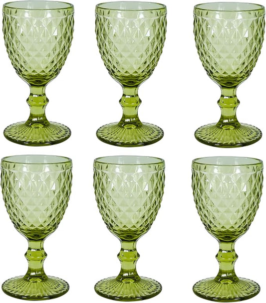 Vintage Wine Glasses Set of 6, 8 OZ Colored Glass Water Goblets, Embossed Floral Decorative Crystal Glass Cups Set, Dishwasher Safe, for Wedding, Party, Red Wine Glass, Bars, Restaurants