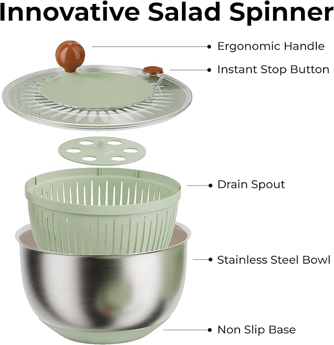 Stainless Steel Salad Spinner Large - Fruit and Vegetable Wash Bowl with Strainer - Lettuce Spinner, Fruit Cleaner, Collapsible Salad Dryer 5.3 Quart Capacity