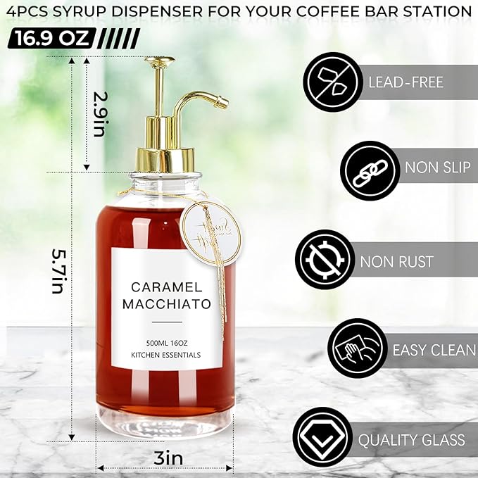 Coffee Syrup Dispenser for Coffee Bar, Set of 4 Simple Glass Syrup Bottle w. Labels and Coffee Scoop, 16.9 oz 500ml Coffee Syrup Pump Dispenser, Coffee Bar Accessory Syrup Dispenser w. Golden Pump