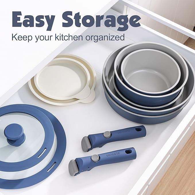 SENSARTE 24 Piece Ceramic Pots and Pans Set, Nonstick Detachable Handle Cookware, Induction Kitchen Cookware Set with Removable Handle, Healthy Non Stick for RV, Dishwasher&Oven Safe, PFOA Free (Navy)