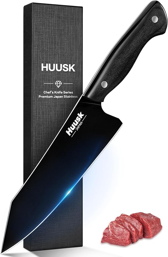 Huusk Japanese Chef Knife for Kitchen - 7in Kirisuke Knife with Black Titanium Coating, Stainless Kitchen Cooking Knifes for Vegetable & Meat Cutting, Ultra Sharp Sushi Knives, Fathers' Day Gifts