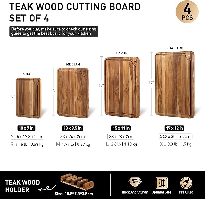 4 Pack Teak Wood Cutting Board Set for Kitchen Heavy Duty Non Toxic Non Slip Solid Thick Wood Haus Chopping Board Extra Large Big Small Meat Best Essential House Warming Hostess Host Gift