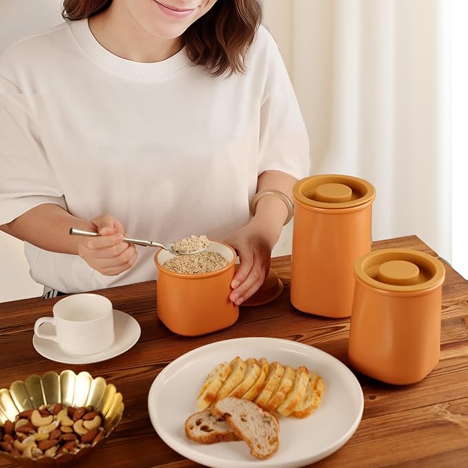 Nucookery Canisters Sets for the Kitchen Countertop, 3 Pcs Ceramic Jar with Silicone Lid, 40oz, 30oz, 20oz Food Storage Containers for Flour, Sugar, Coffee, Grains,Tea, Cookies, Dry Food Organization