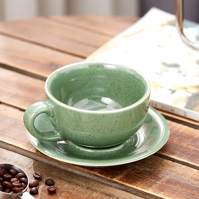 Vintage Design 12 oz Ceramic Latte Art Cappuccino Barista Cup with Saucer (Green)