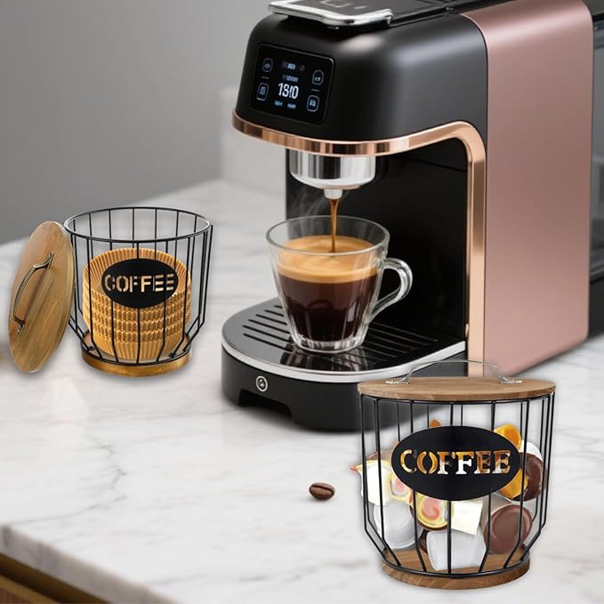 Metal Coffee Pod Holder Wire Coffee Pods Storage Basket Espresso Capsule Storage for Home Kitchen Cafe Hotel (Black with lid)
