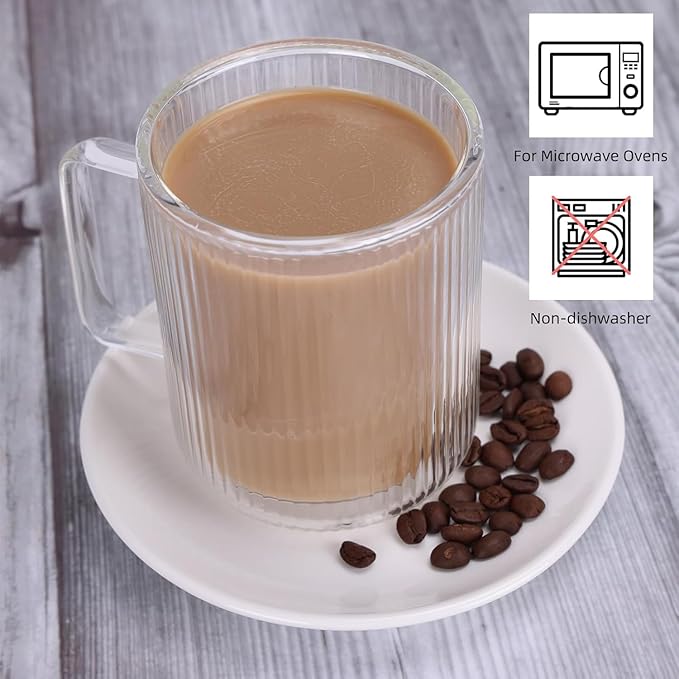 13.5oz Double Walled Glass Coffee Mug - Clear Ribbed Glassware with Handle, Perfect for Cappuccino, Latte, Cereal, Yogurt, Beer, Milk, and All Beverages (Set of 2)