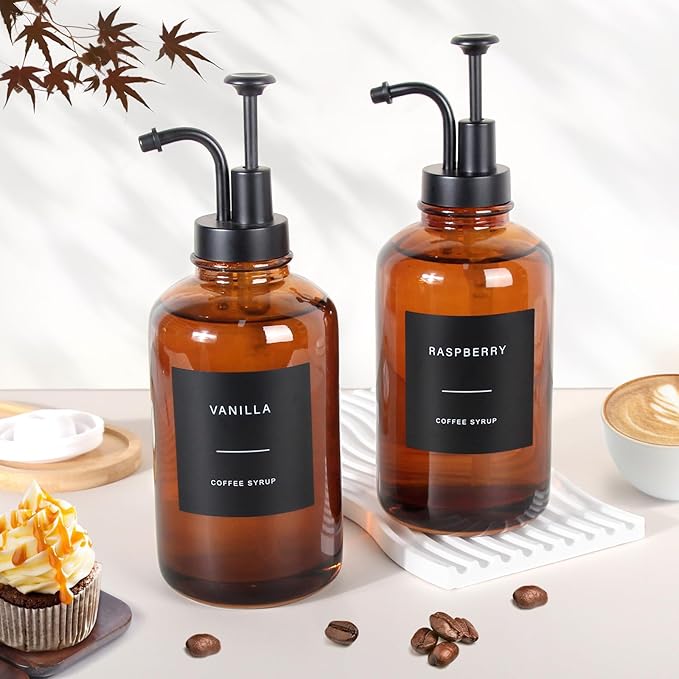 Coffee Syrup Dispenser, Set of 4 Amber Glass Syrup Bottle w. Pump and Labels, 16.9 oz 500ml Glass Syrup Bottle with Pump, Farmhouse Syrup Dispenser for Coffee Bar, Ideal Gift