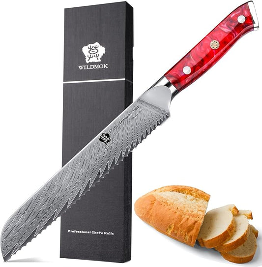 WILDMOK Serrated Bread Knife, 8 inch Damascus Steel, Japanese VG10 Core, Best Bread & Cake Knife, Resin Handle Gift Box
