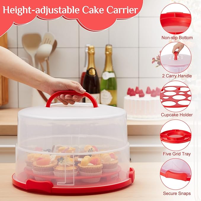 12 Inch Large Cake Carrier with Lid and Handle for 12" Round 7" High Cake Adjustable Plastic Pies Carrier Portable Cupcakes Transport Container for Cookies Pizza and More(Red)