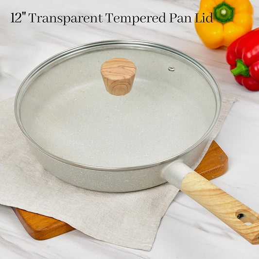 12 IN Glass Lid for Frying Pan and Pots, Tempered Replacement Cover with Wooden Handle Compatible for All Cookware for Skillets, Round Cast Iron, Cast Aluminium, Stainless Steel Pans & Pots