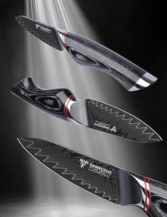 3.5 Inch Paring Knife - Fruit and Vegetable Peeling Knives, Black Damascus Steel with Ergonomic Handle - MIAO Series