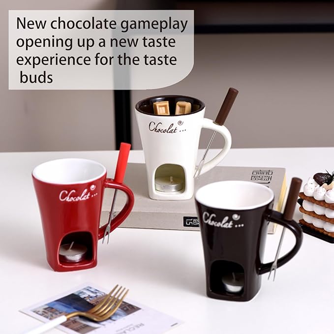 Multi functional ceramic chocolate hot pot cup set,fondue cup, portable and easy to use, suitable for candle heating, creative dessert tools, with fork Gift Selection (red)