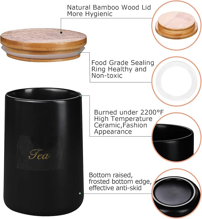 Yangbaga Black Ceramic Canister Set for Kitchen-Set of 3 Kitchen Canisters for Countertop with Airtight Wood,Large Kitchen Storage for Flour,Suger,Coffee-Modern Countertop Decor