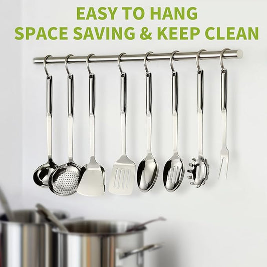 304 Stainless Steel Cooking Utensils Set, 8PCS Kitchen Utensils Set, Include Skimmer, Soup Ladle, Spaghetti Server, Wok Spatula, Slotted Spoon, Solid Spoon, Slotted Spatula Turner & Meat Fork