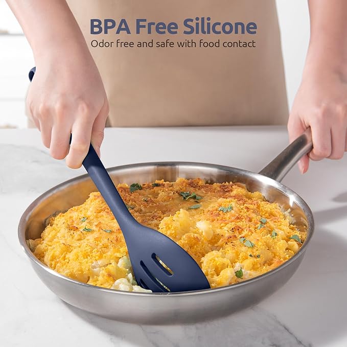 600ºF Heat Resistant Silicone Spoons: U-Taste 13.3in Solid & Slotted Kitchen Cooking Spoon, Nonstick Long Rubber Utensil, Sturdy for Mixing, Serving, Stirring, Draining (Midnight Blue, 2PCS)