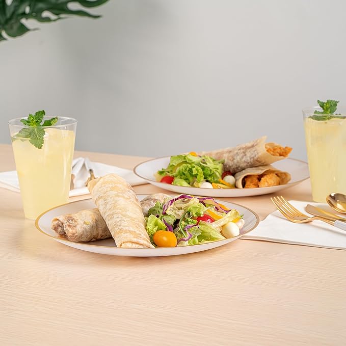 Restaurantware Plastic Plates 20 Pcs 10" Gold Rimmed Disposable Plates Heavy-Duty White Translucent Rippled Plastic Dinner Servers for Party, Weddings, Salads, Desserts, and Appetizers