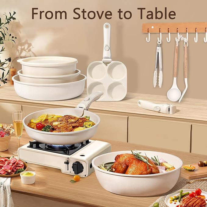 GiPP Ceramic Pots and Pans Set Non Stick, Nonstick Detachable Handle Cookware Sets, Healthy Non Toxic PFAS PFOA & PTFE Free, Dishwasher &Oven Safe, Induction Kitchen Pot and Pan, 15 Piece Cream