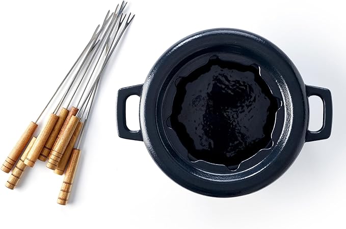 Alva Nori 2 Qt Cast Iron Fondue Set – Enameled, PFAS-Free Pot with Adjustable Burner & 8 Forks – For Cheese, Chocolate, Broth & Meat – Non-Toxic, Scratch-Resistant & Elegant Black Finish