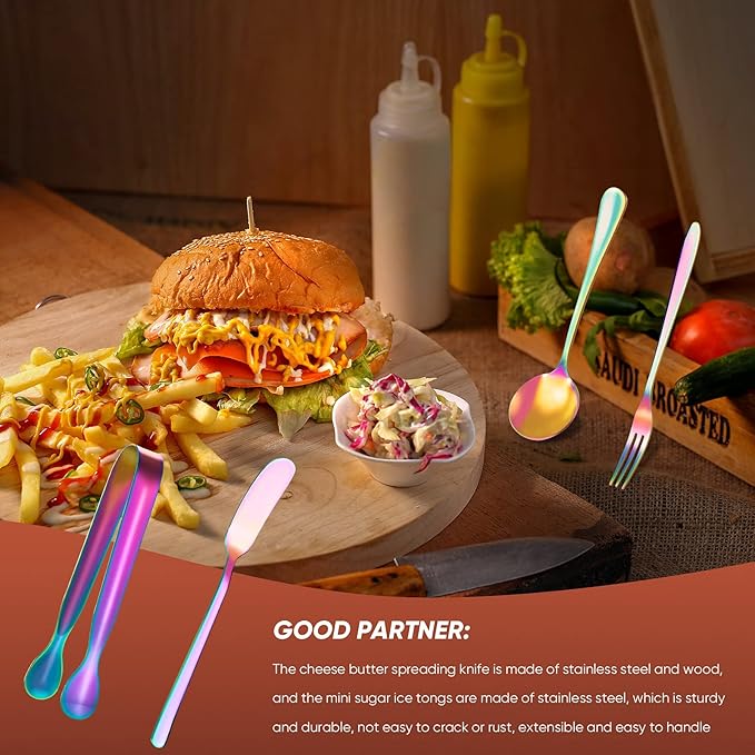 Patelai Cheese Butter Spreader Knives Set Charcuterie Accessories Stainless Steel Spreader Knives Charcuterie Boards Utensils Mini Serving Tongs Spoons and Forks for Appetizers Pastry(Rainbow Color)