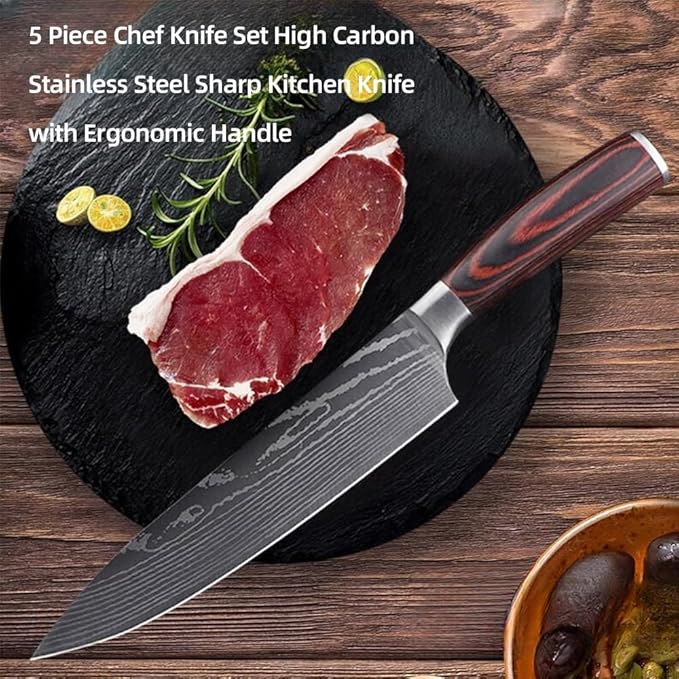 5PCS Kitchen Knife Set, Professional Japanese Chef Knives with High Carbon Stainless Steel Ultra, Sharp Aikido Knives with Ergonomic Color Wooden Handle for Cooking Meat, Fruits, Vegetables