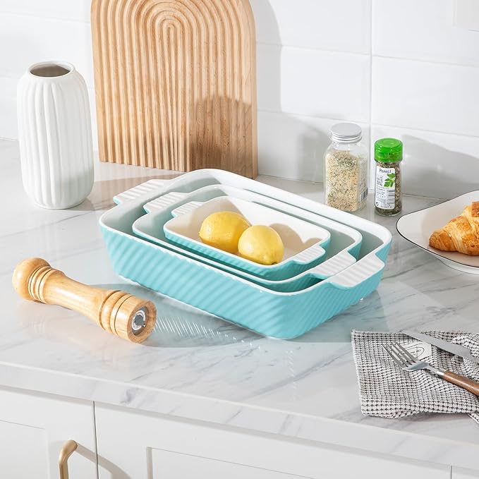 Sweejar Ceramic Baking Dish Set, Cake Baking Dish for Brownie, Porcelain Striped Casserole Dishes for Oven with Handle for Lasagna, Family Dinner(Turquoise)