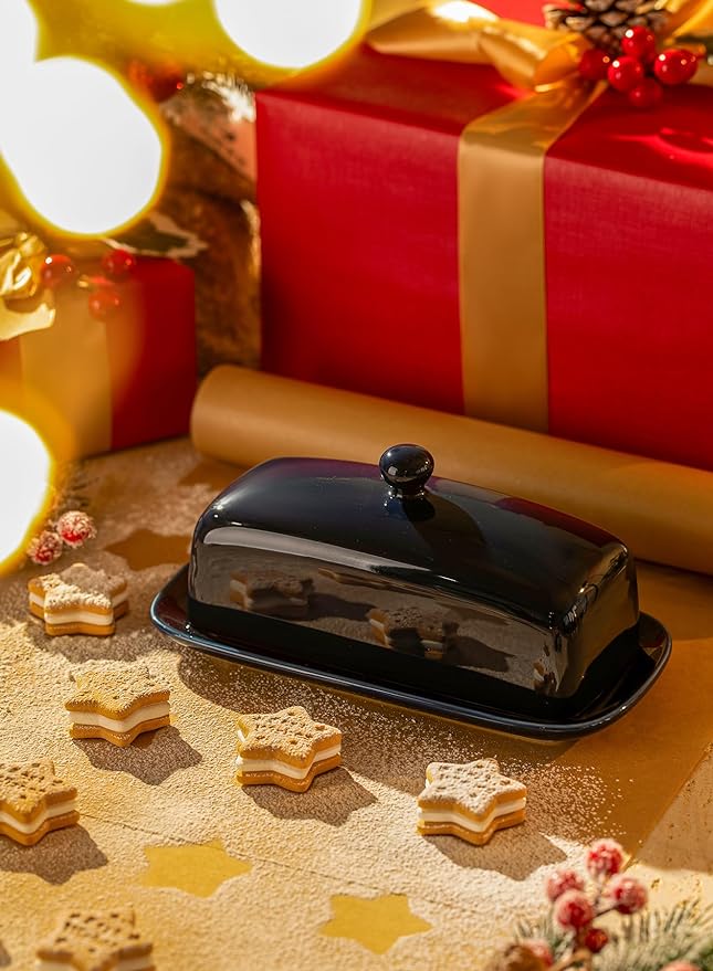 Sweese Butter Dish with Lid, Porcelain Butter Keeper, 7.8 Inch Butter Holder with Handle Cover, Butter Container Perfect for East West Coast Butter, Navy