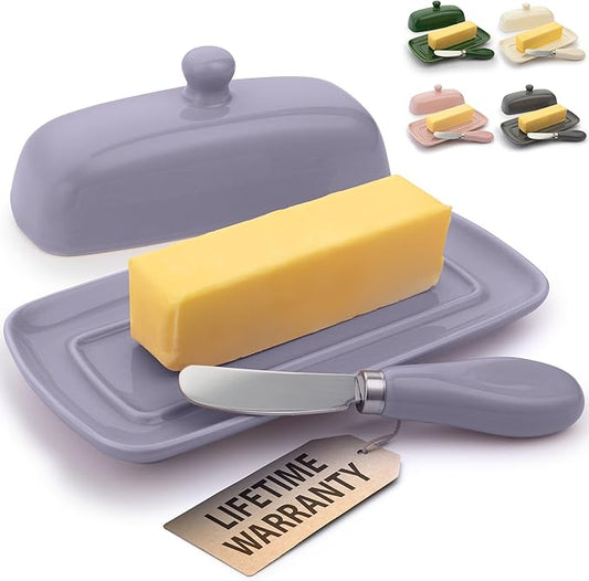 Zulay Butter Dish With Lid For Countertop - Porcelain White, Ceramic Butter Dish with Knob Handle Great for Cooking - Elegant Design Butter Holder - Durable & Sturdy Butter Keeper - Periwinkle