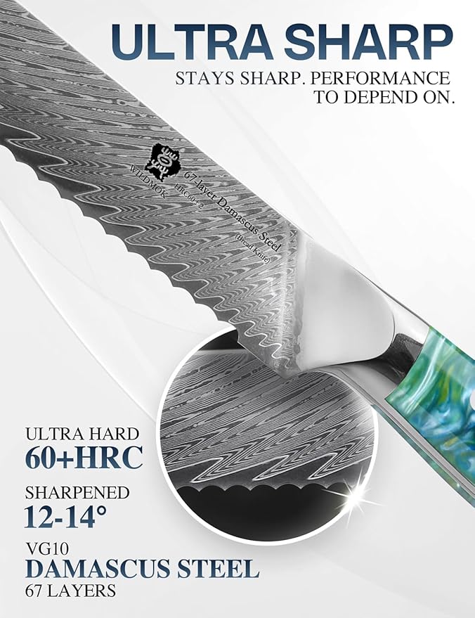 WILDMOK Serrated Bread Knife - 8 inch, Strong Resin Handle, 67 Layer Japanese VG10 Steel Slicer