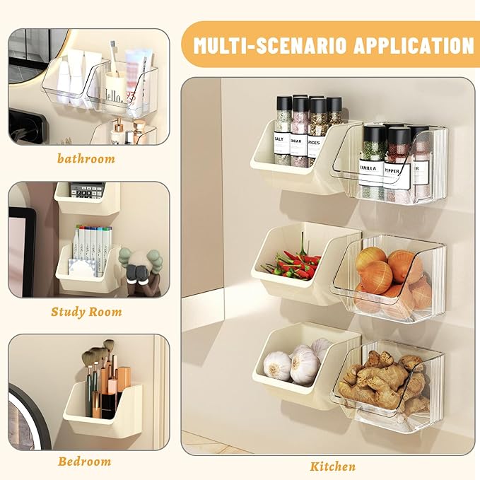 3 Pack Wall Mounted Storage Organizer Bins, Floating Shelves Fridge Organizer Storage Bins, Stackable Organizer Basket for Wall, Refrigerator, Kitchen, Bathroom, Countertops, Pantry (Clear)