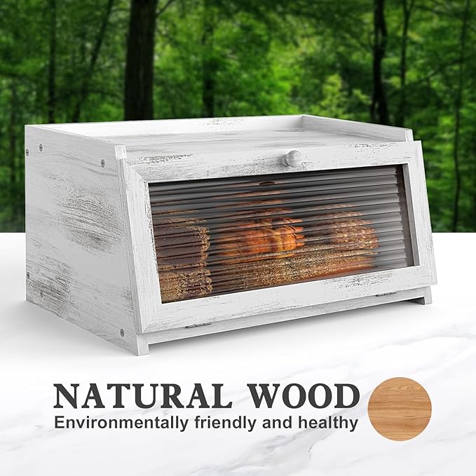 Bread Box for Kitchen Countertop Large Farmhouse Bread Container Bread Storage with Window Wooden Bread Holder